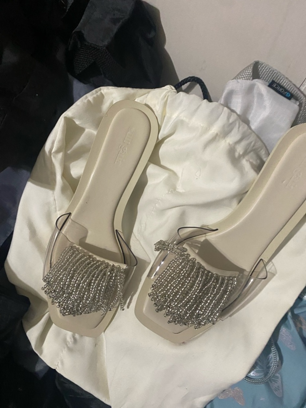 Beaded Fringe Clear Strap Slide Sandals - Cream